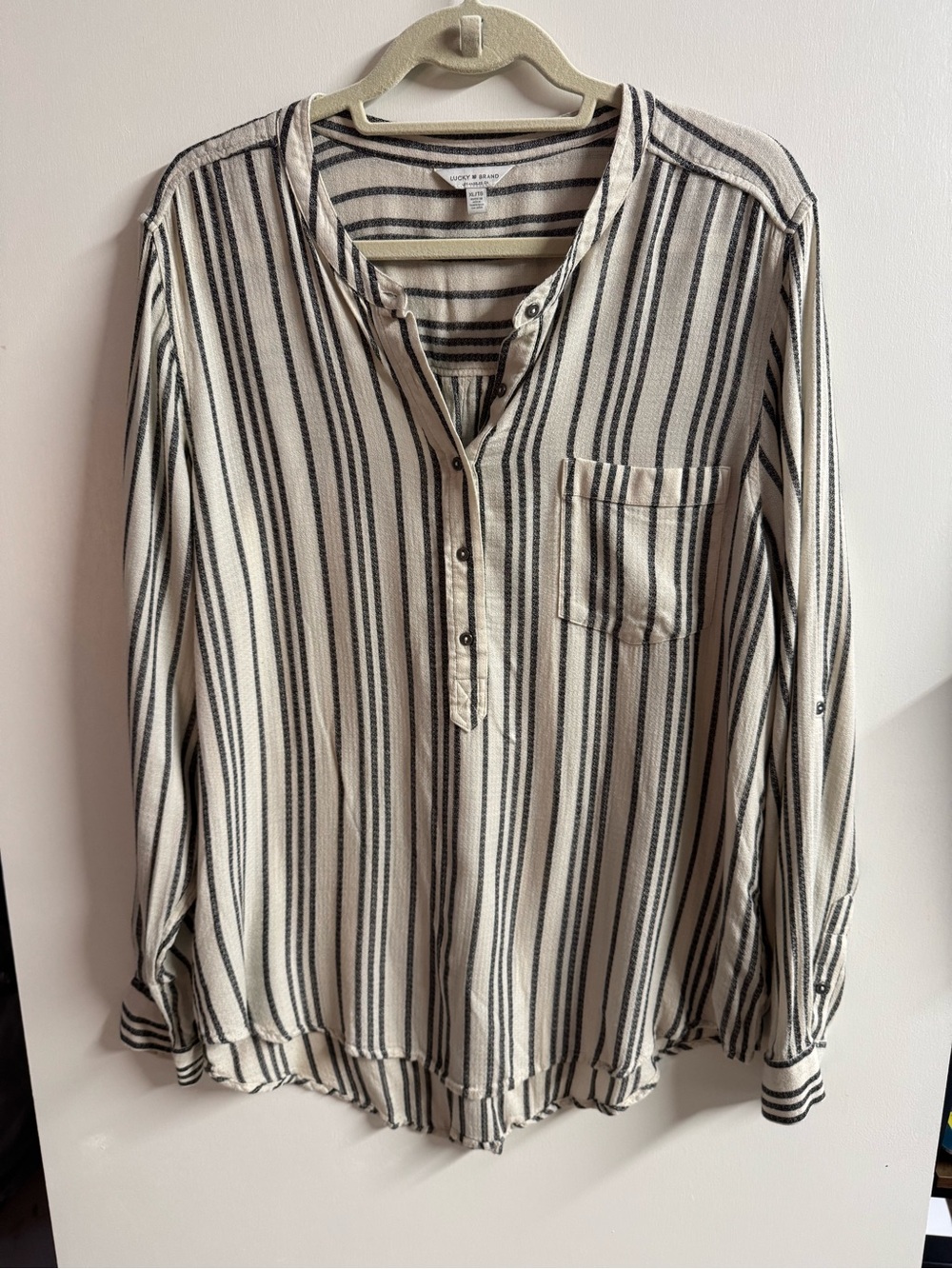 Lucky Brand Cream and Black Striped Button Henley